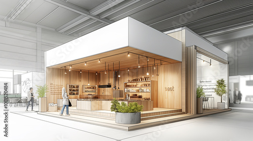 Wallpaper Mural Modern cafe booth exhibit with wooden interior, stylish lighting, and plants on display. Torontodigital.ca