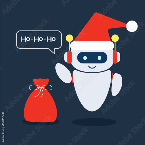 Robot chat bot wishes Happy New Year and Christmas. Technology and AI content generator. Customer care.