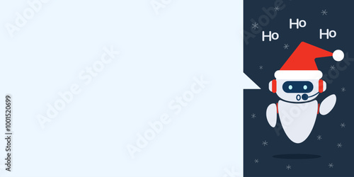 Robot chat bot wishes Happy New Year and Christmas. Technology and AI content generator. Customer care. Space for text.
