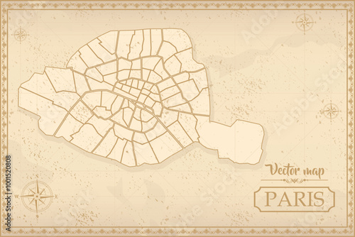 Map of Paris in the old style, brown graphics in retro fantasy style. city in France.
