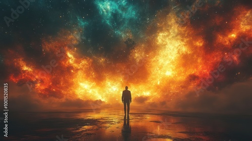 Silhouette of a Man Facing a Cosmic Explosion of Color, Surrounded by Fiery Skies and Reflections