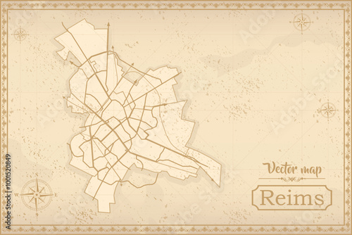 Map of Reims in the old style, brown graphics in retro fantasy style. city in France.