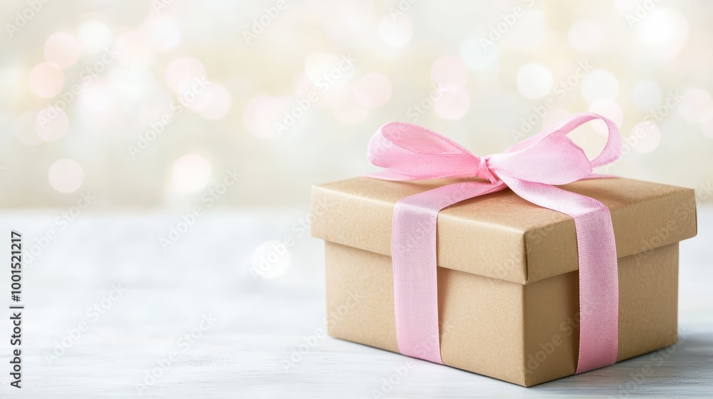 Elegant gift box with pink ribbon on shimmering background Elegant gift box with pink ribbon on shimmering background