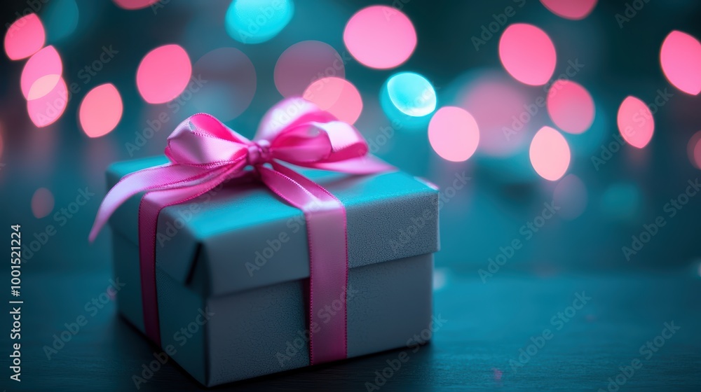 Elegant gift box with pink ribbon festive bokeh background Elegant gift box with pink ribbon festive bokeh background