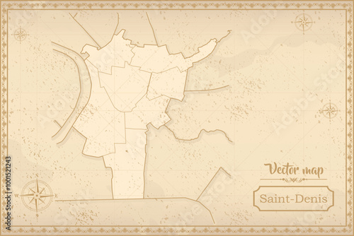 Map of Saint-Denis in the old style, brown graphics in retro fantasy style. city in France.