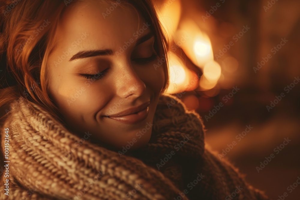Cozy moment by the fireplace featuring a young woman wrapped in a warm scarf during a winter evening. Place for text Cozy moment by the fireplace featuring a young woman wrapped in a warm scarf during a winter evening. Place for text
