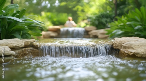 A small waterfall is flowing into a pond