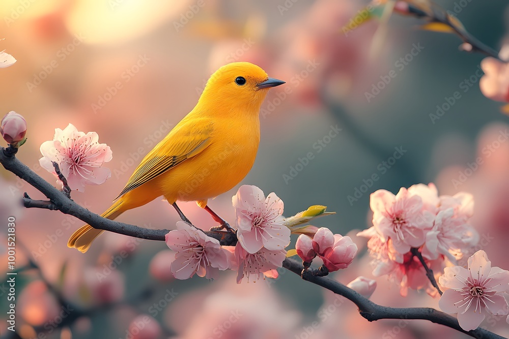 Bright Yellow Bird Chirping On A Blooming Branch Covered In Spring Flowers Bright Yellow Bird Chirping On A Blooming Branch Covered In Spring Flowers