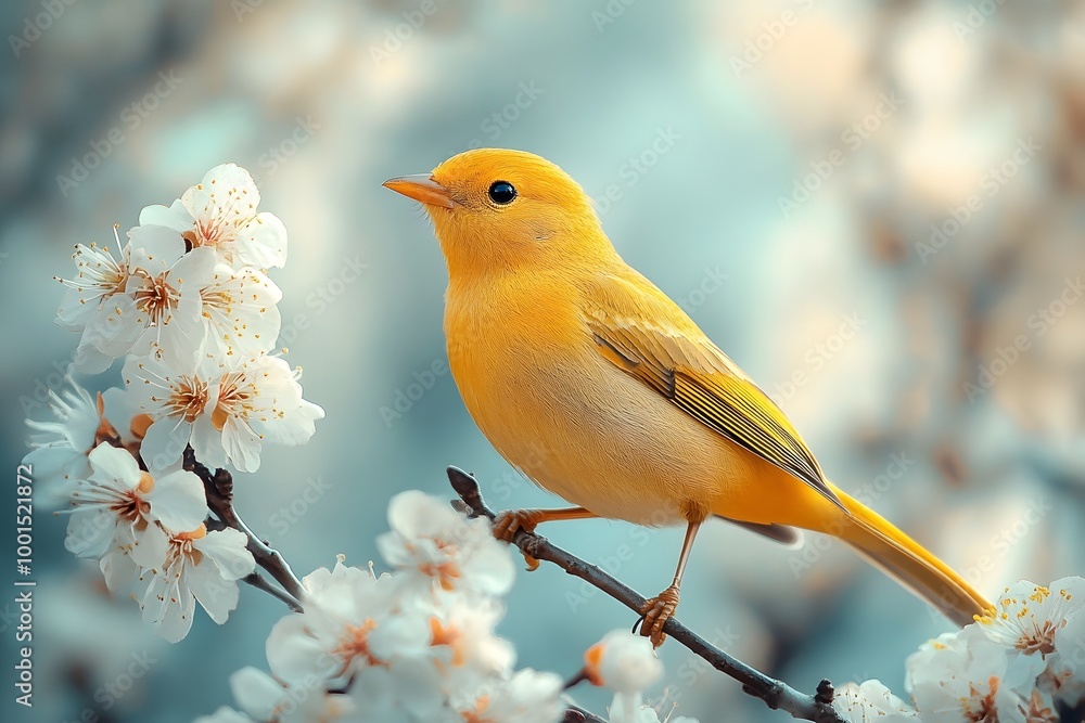 Bright Yellow Bird Chirping On A Blooming Branch Covered In Spring Flowers Bright Yellow Bird Chirping On A Blooming Branch Covered In Spring Flowers