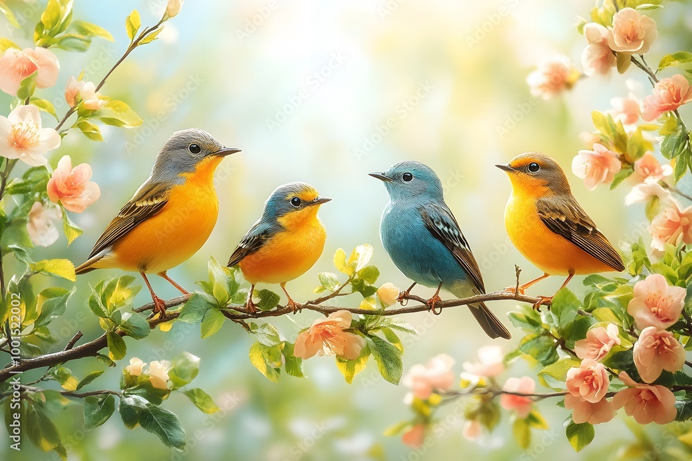 Obraz premium Family Of Birds Sitting On A Delicate Branch, Surrounded By Fresh Green Leaves And Colorful Spring Flowers
