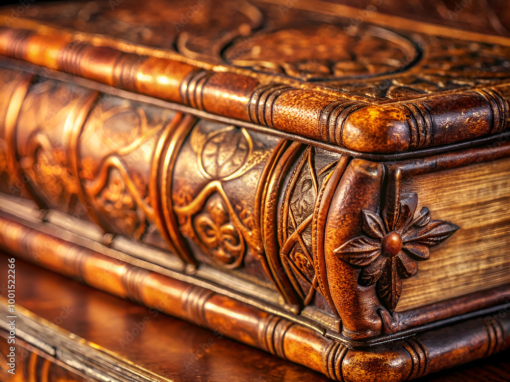 A book with a floral design on the cover. The book is old and has a wooden cover A book with a floral design on the cover. The book is old and has a wooden cover