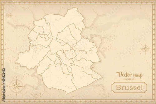 Map of Brussels in the old style, brown graphics in retro fantasy style. city in Belgium.