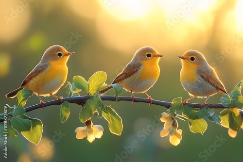 Three Small Birds With Bright Feathers Perched On A Leafy Green Branch