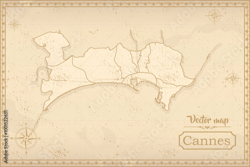 Map of Cannes in the old style, brown graphics in retro fantasy style. city in France.