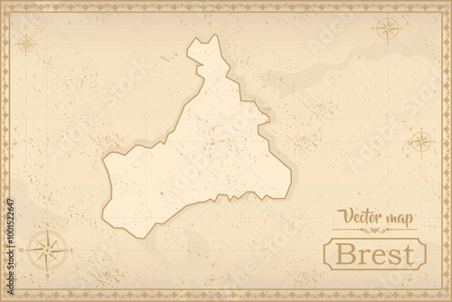 Map of Brest in the old style, brown graphics in retro fantasy style. city in France.