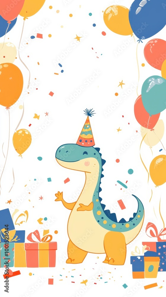 Naklejka premium A dinosaur in a party hat joyfully stands among balloons and gifts, celebrating a birthday