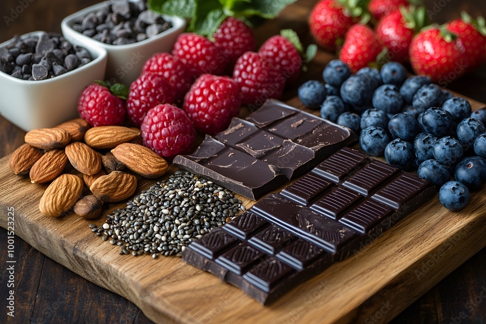 Flat Lay Of Superfoods Including Mixed Nuts, Seeds, Dark Chocolate, And Fresh Berries Flat Lay Of Superfoods Including Mixed Nuts, Seeds, Dark Chocolate, And Fresh Berries