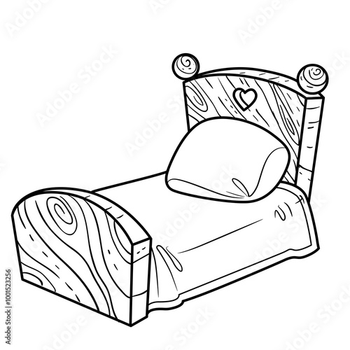 Children bed with wooden headboards and lush pillow and blanket outlined