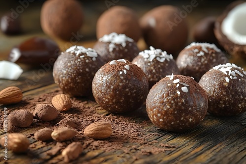 Superfood Energy Ball Made With Nuts, Dates, And Cacao Powder, With A Dusting Of Coconut Flakes On A Wooden Surface