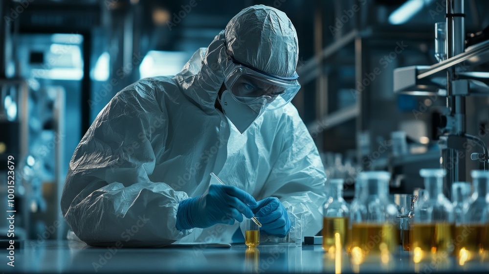 A scientist in a lab coat and gloves is working with a vial of liquid A scientist in a lab coat and gloves is working with a vial of liquid