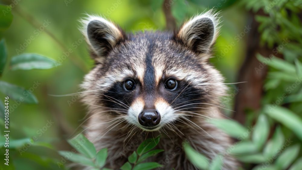 Curious raccoon peeking through foliage in a green forest Curious raccoon peeking through foliage in a green forest