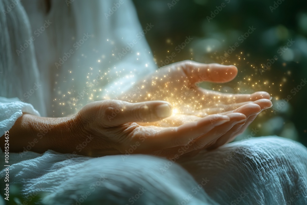Fototapeta premium Reiki Healing Session, Emitting Soft, Glowing Energy Beams.