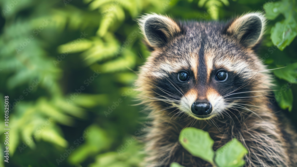 Curious raccoon peeking through foliage in a green forest Curious raccoon peeking through foliage in a green forest