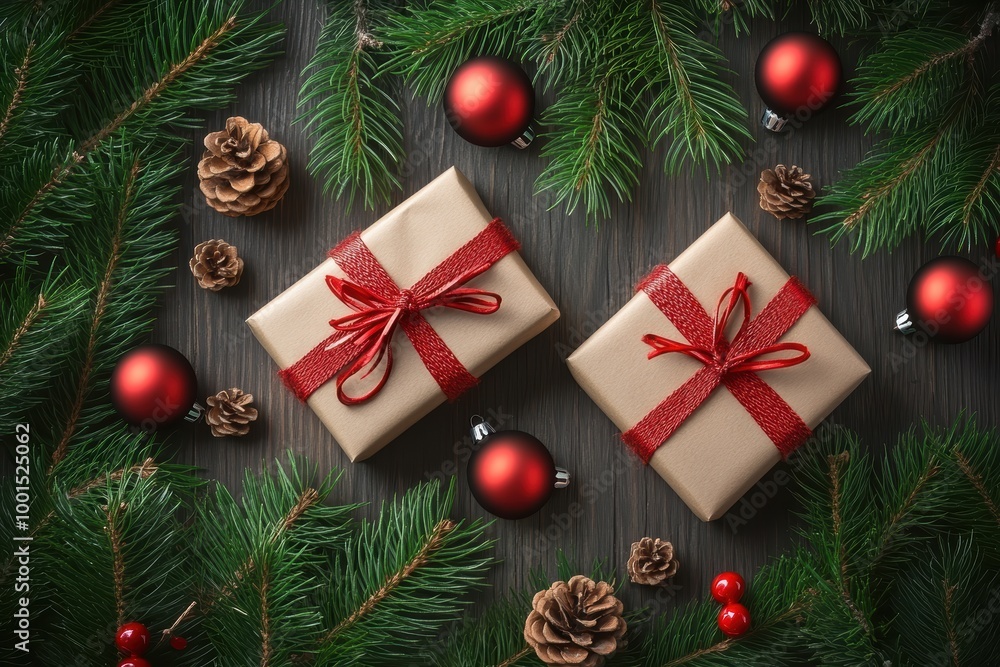 Festive holiday season with wrapped gifts decorations Festive holiday season with wrapped gifts decorations