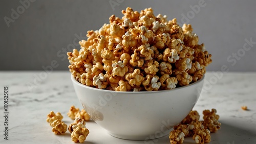 Bowl of caramel popcorn spotlighted for promotional use on a white backdrop.