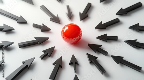 red Sphere Surrounded by Black Arrows on White Background