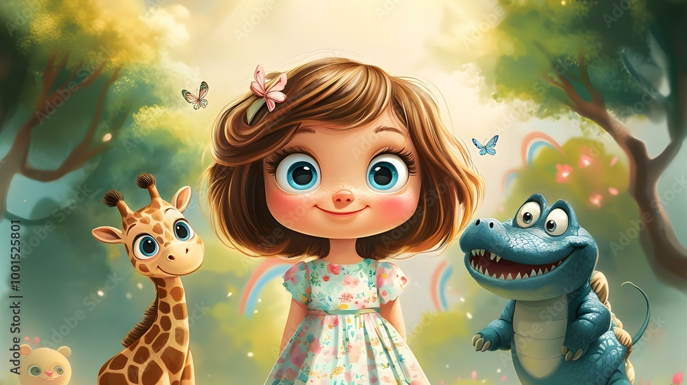 Charming cartoon of a playful four-year-old girl with bright eyes, cheerful smile, colorful outfit, and whimsical background. Charming cartoon of a playful four-year-old girl with bright eyes, cheerful smile, colorful outfit, and whimsical background.