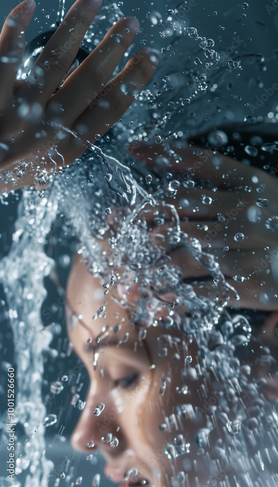 Obraz premium A woman washes her hair under a modern grey chrome water stream.