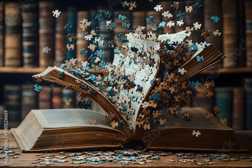 Open Textbook With Words And Letters Flying Out, Turning Into Puzzle Pieces