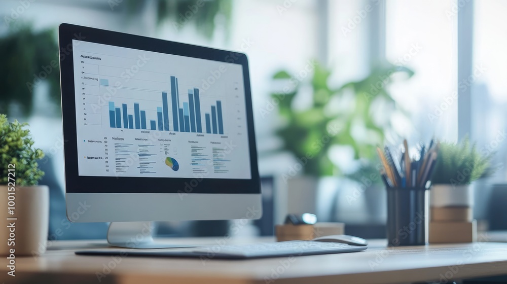 Modern desk with a business target chart and performance metrics, emphasizing strategic achievements Modern desk with a business target chart and performance metrics, emphasizing strategic achievements