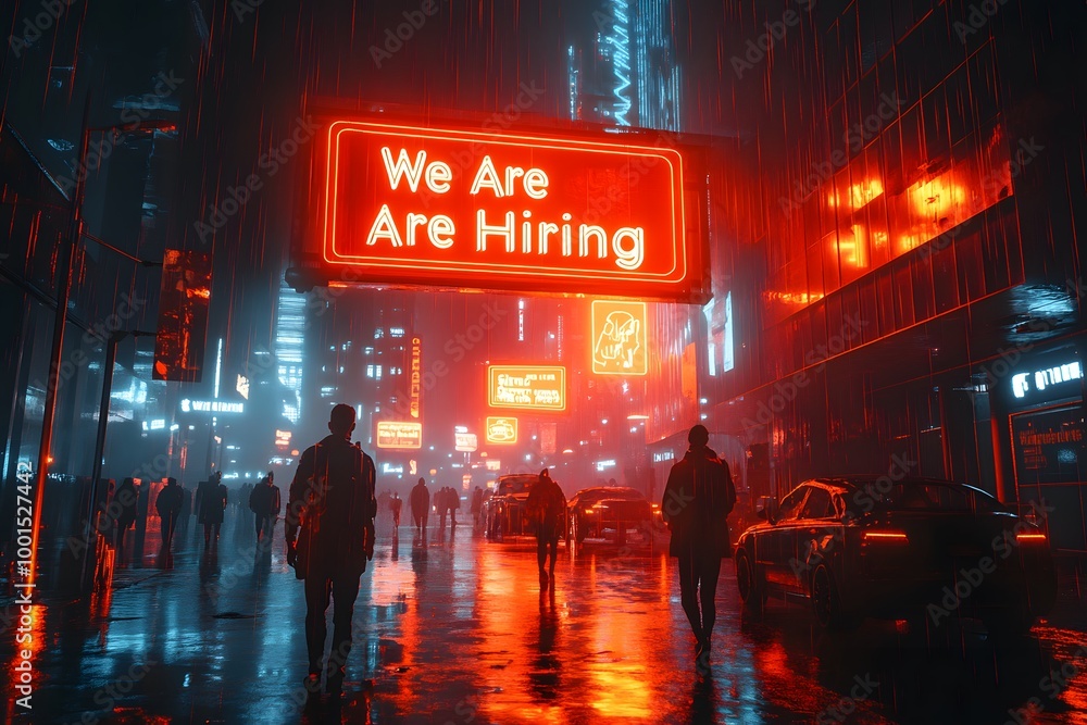 Neon We Are Hiring sign glowing in a cityscape. Neon We Are Hiring sign glowing in a cityscape.