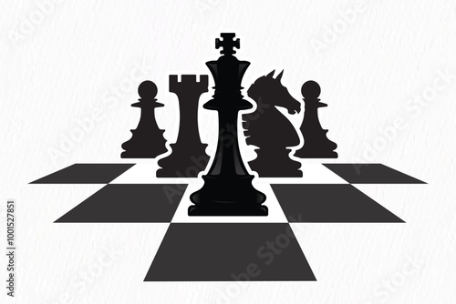Silhouettes of chess pieces, including the King, 
Knight, Rook, Bishop, and Pawn, on a checkered chessboard