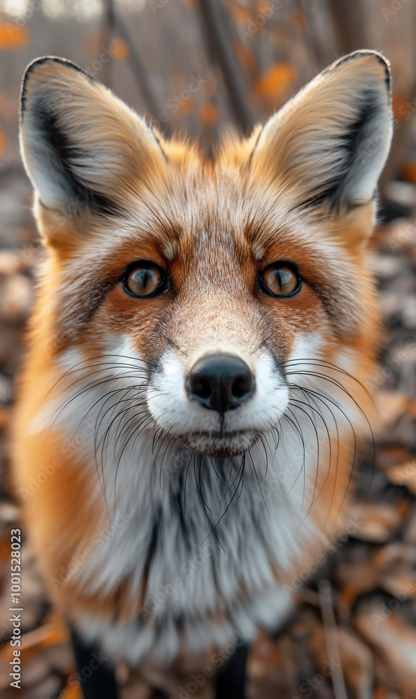 Fototapeta premium Closeup portrait of a red fox with vibrant fur in the autumn forest
