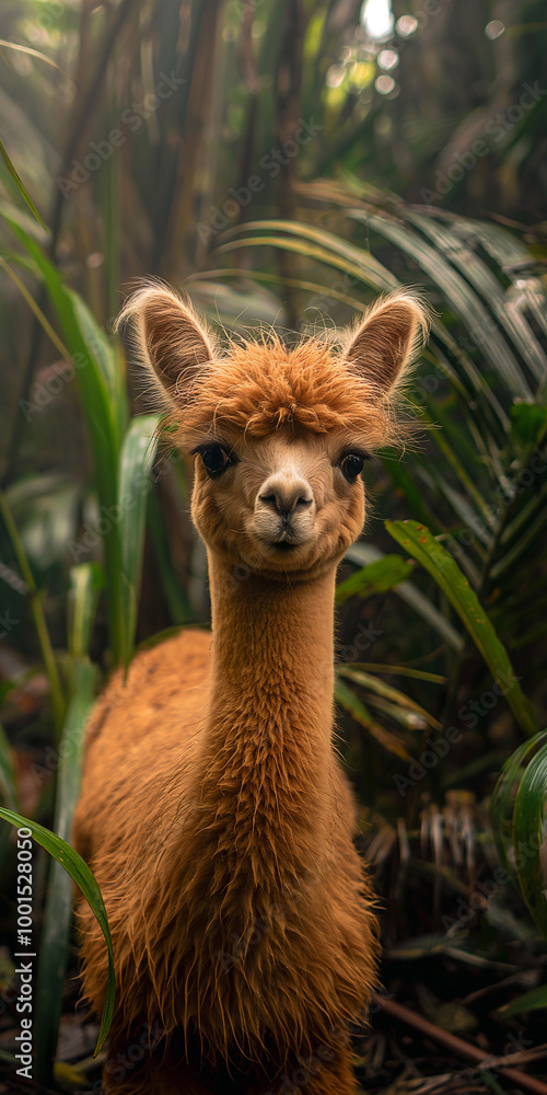 Fototapeta premium Brown alpaca with fur in jungle forest environment surrounded by green nature and wildlife