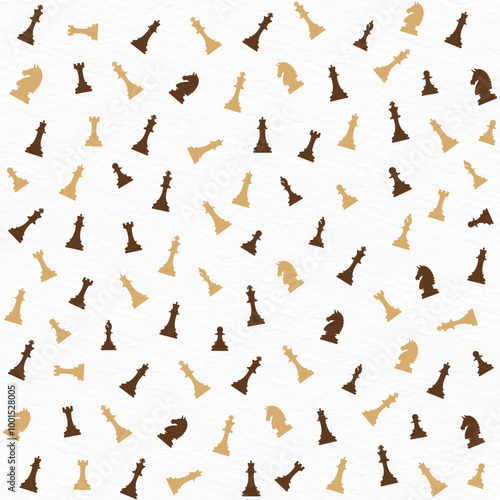 A scattered pattern of black and gold chess piece silhouettes on a white background, featuring various chess pieces in random orientations