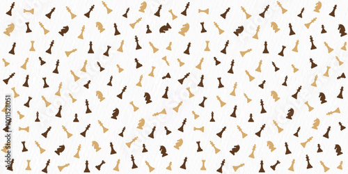 A scattered pattern of black and gold chess piece silhouettes on a white background, featuring various chess pieces in random orientations