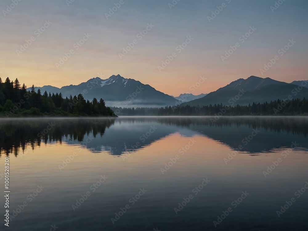 Calm lake with distant mountains under a misty dawn sky. Calm lake with distant mountains under a misty dawn sky.