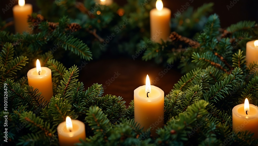 Candle lit in a wreath of evergreen branches. Candle lit in a wreath of evergreen branches.