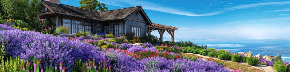 Bright lavender Craftsman home near ocean, with rustic beams and vibrant flower garden. Bright lavender Craftsman home near ocean, with rustic beams and vibrant flower garden.