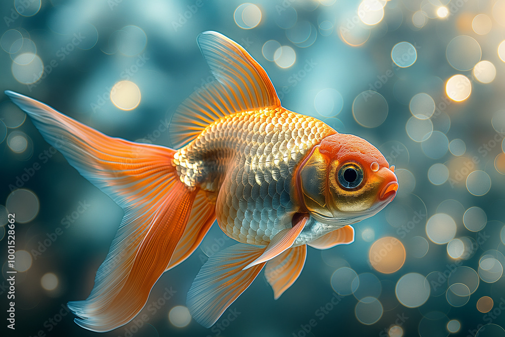 Beautiful goldfish with orange scales swimming in water with bokeh lighting and fins Beautiful goldfish with orange scales swimming in water with bokeh lighting and fins