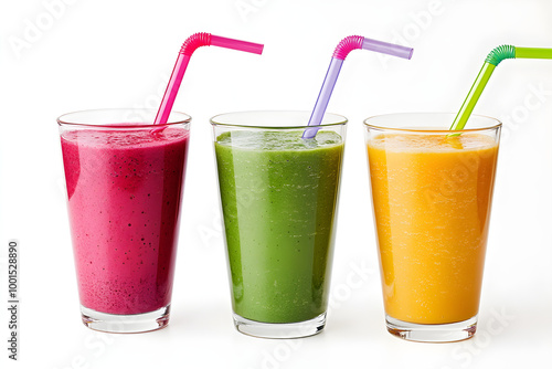 Vibrant Healthy Smoothies with Colorful Straws on Clean White Background