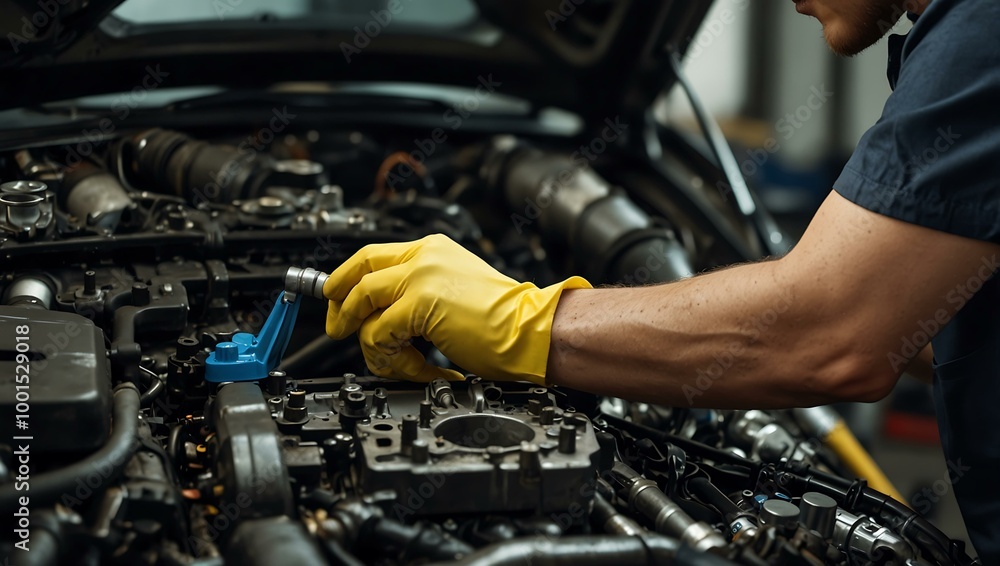 Car mechanic cleaning an engine with liquid. Car mechanic cleaning an engine with liquid.