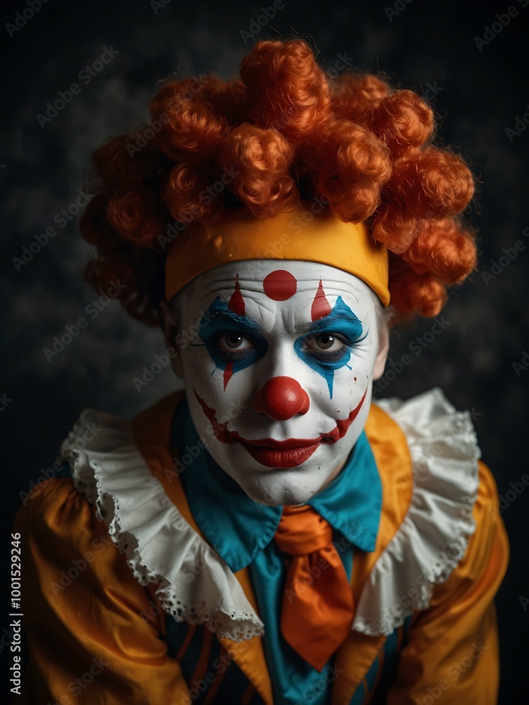 Carnival clown in costume on a dark background, Halloween vibe. Carnival clown in costume on a dark background, Halloween vibe.
