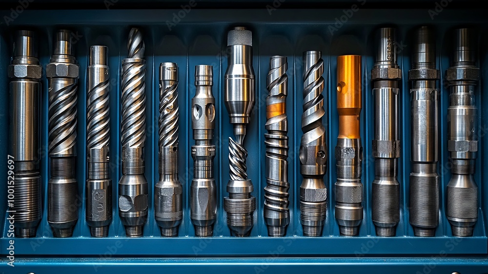 Metal toolset neatly arranged in a tool box with different drill bits
