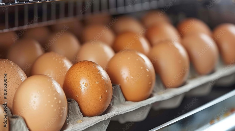 Large tray of brown eggs neatly arranged in a market setting, displayed for sale. eggs have natural, glossy sheen, and rustic market environment emphasizes farm-fresh produce and organic quality. Large tray of brown eggs neatly arranged in a market setting, displayed for sale. eggs have natural, glossy sheen, and rustic market environment emphasizes farm-fresh produce and organic quality.
