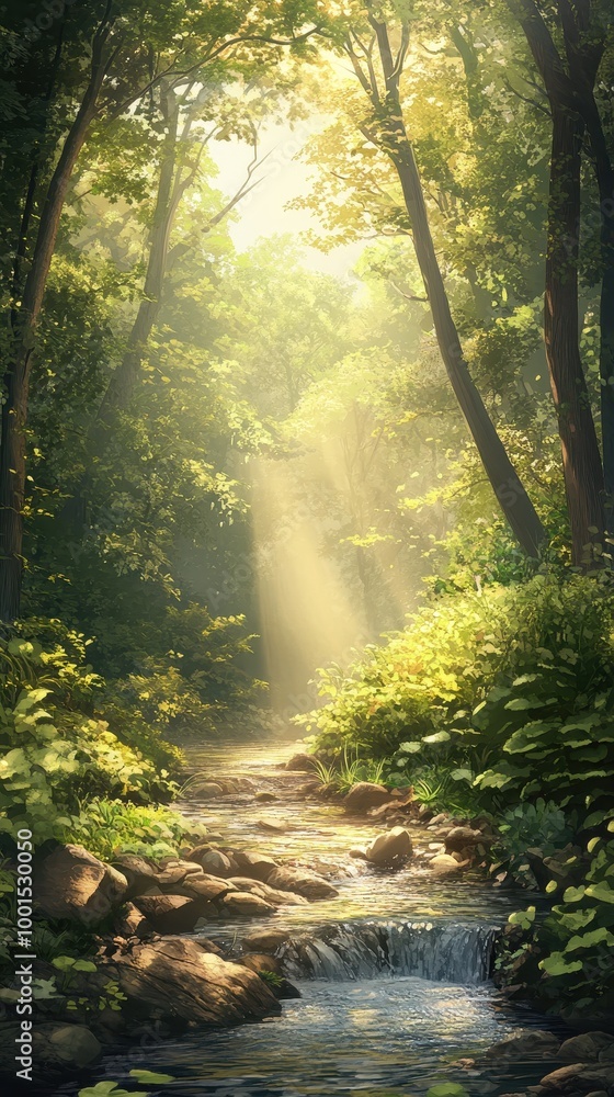 Fototapeta premium Lush trees and a soft stream create a peaceful atmosphere in the vibrant forest